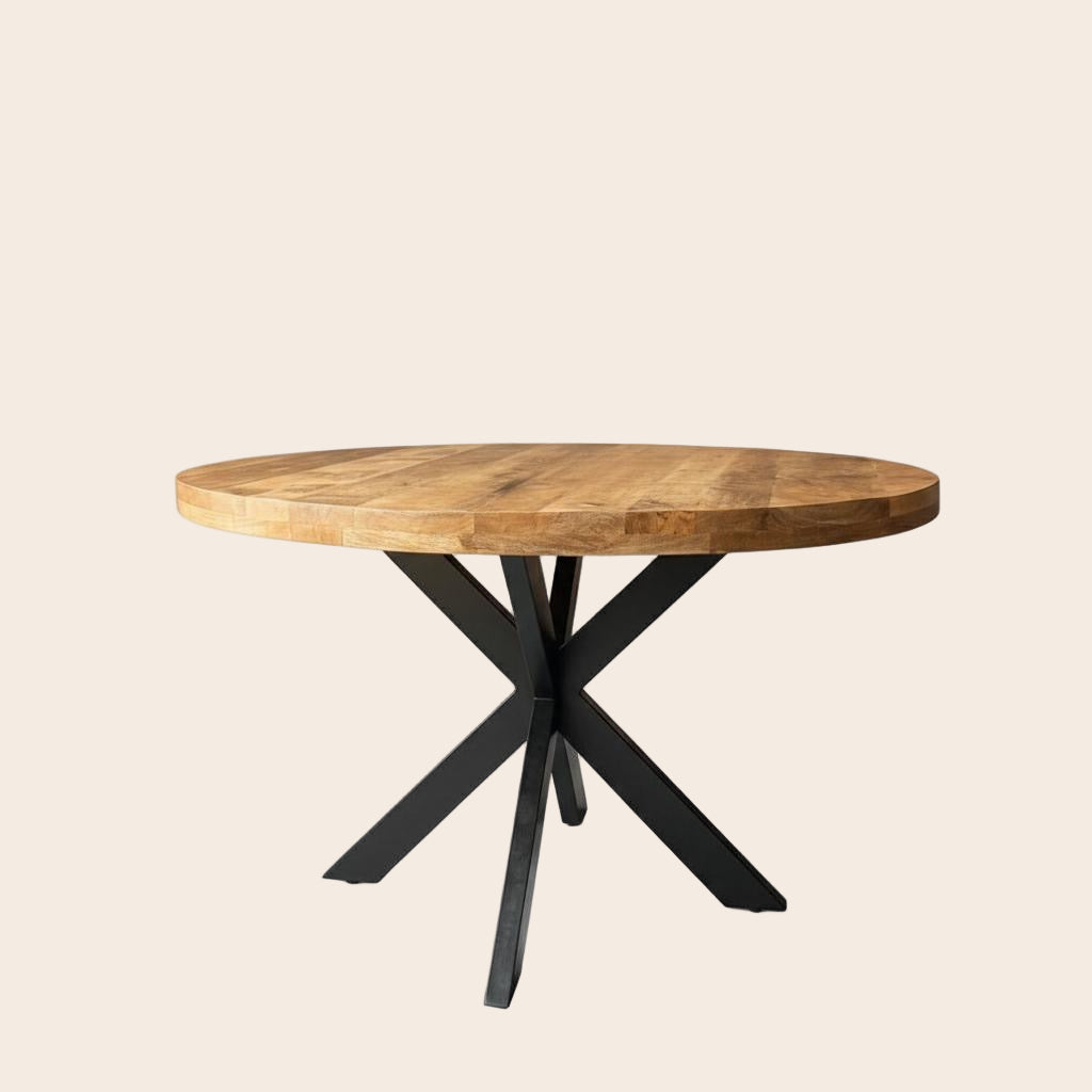 Table à Manger Ronde 120cm Bois Manguier Massif - Pieds Métal Noir Style Industriel