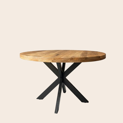 Table à Manger Ronde 120cm Bois Manguier Massif - Pieds Métal Noir Style Industriel