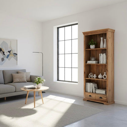 Bibliothèque Vintage Bois Manguier Massif 85cm NAGORE - 3 Étagères 2 Tiroirs