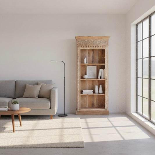 Bibliothèque Sculptée 80cm Bois Manguier - 3 Étagères Collection BOMBAY